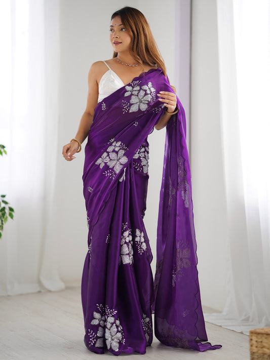 Purple Organza Saree with Floral Sequin Embroidery - Ressa
