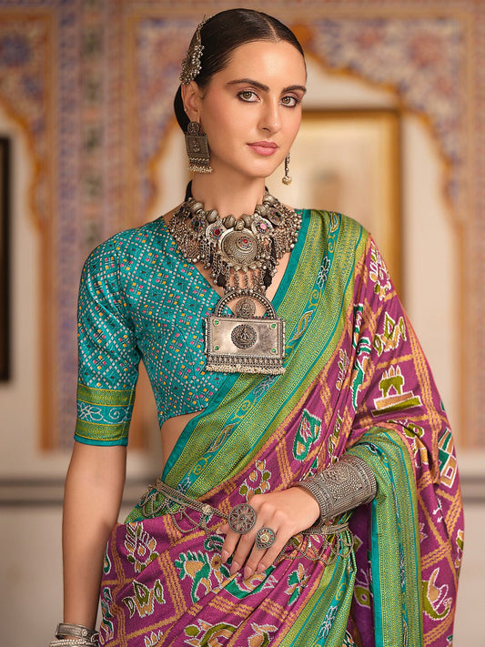 Purple Patola Print Silk Blend Saree - Ressa