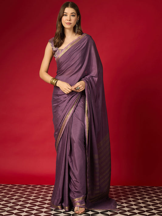 Purple Silk Blend Saree with Zari Border & Brocade Blouse - Ressa