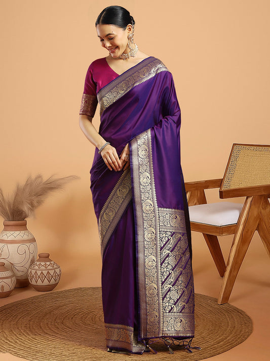 Purple with Gold Zari Weave Banarasi Silk Saree - Ressa