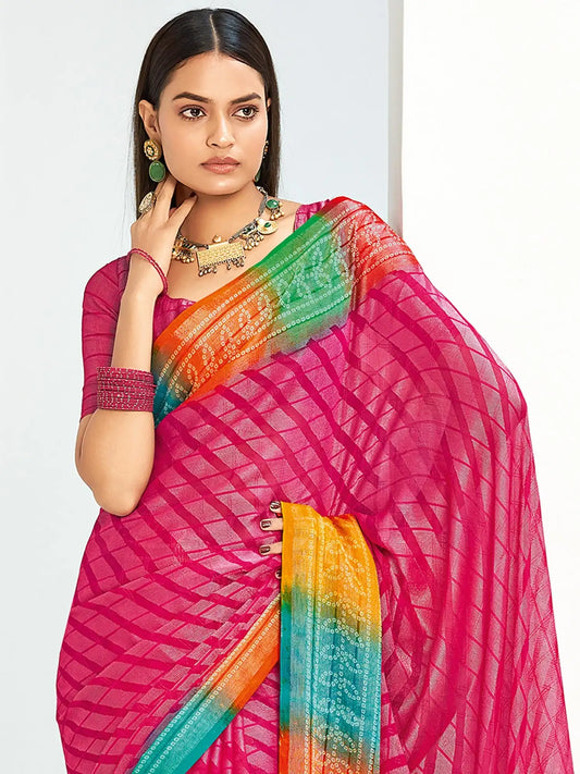 Rani Pink Bandhani Georgette Saree with Rainbow Border