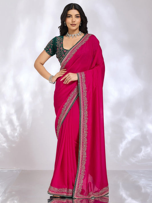 Rani Pink Embroidered Georgette Saree with Embroidered Blouse - Ressa