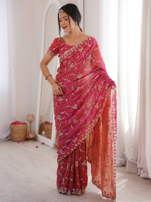 Rani Pink Embroidered Organza Saree with Cutwork Border - Ressa