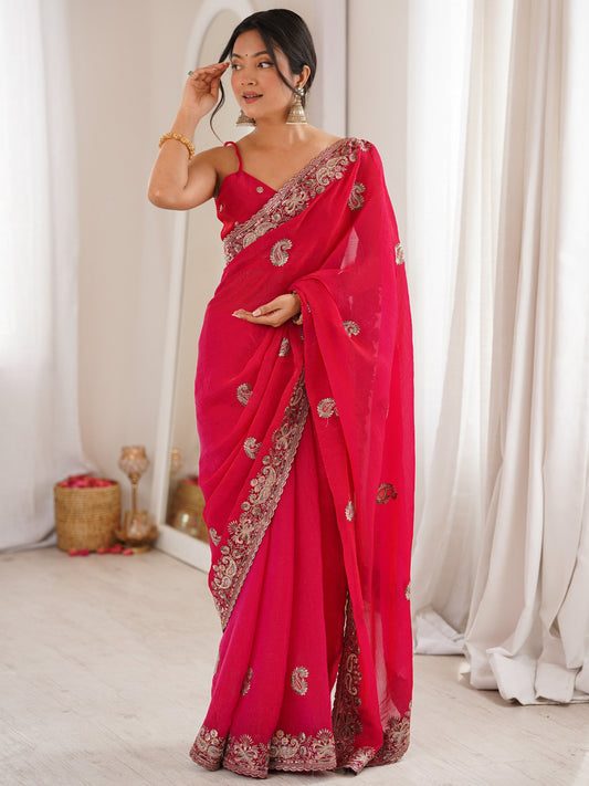 Rani Pink Georgette Silk Blend Saree - Ressa