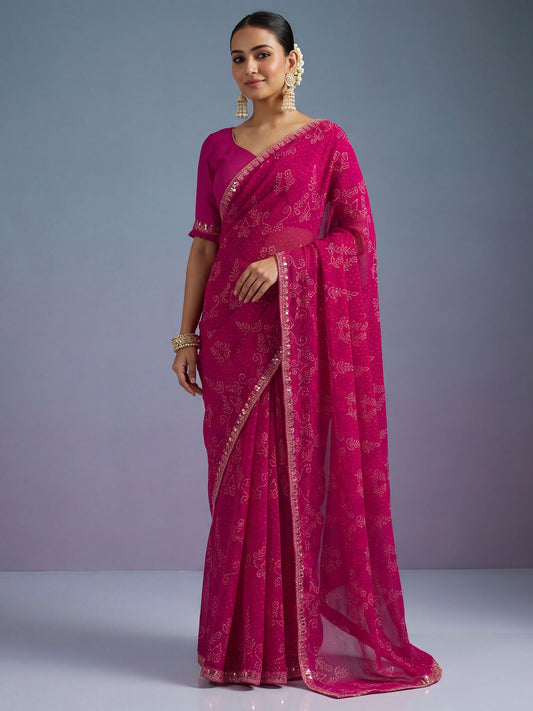 Rani Pink Pure Georgette Saree with Mukaish Work and Sequins Border - Ressa