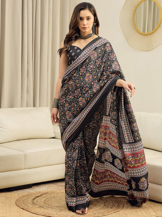 Ready to Wear Black Ajrakh Block Print Silk Saree - Ressa