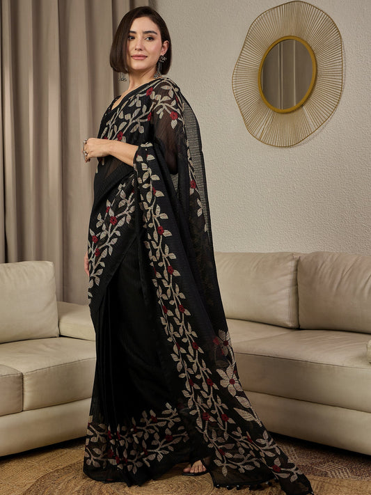 Ready to Wear Black Jamdani Cotton Silk Saree - Ressa