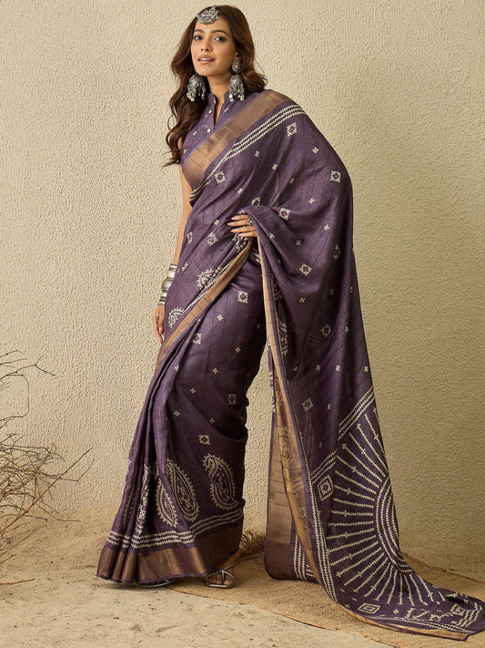 Ready To Wear Deep Wine Silk Kutch Printed Saree - Ressa
