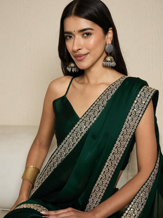 Ready to Wear Emerald Green Satin Saree - Ressa