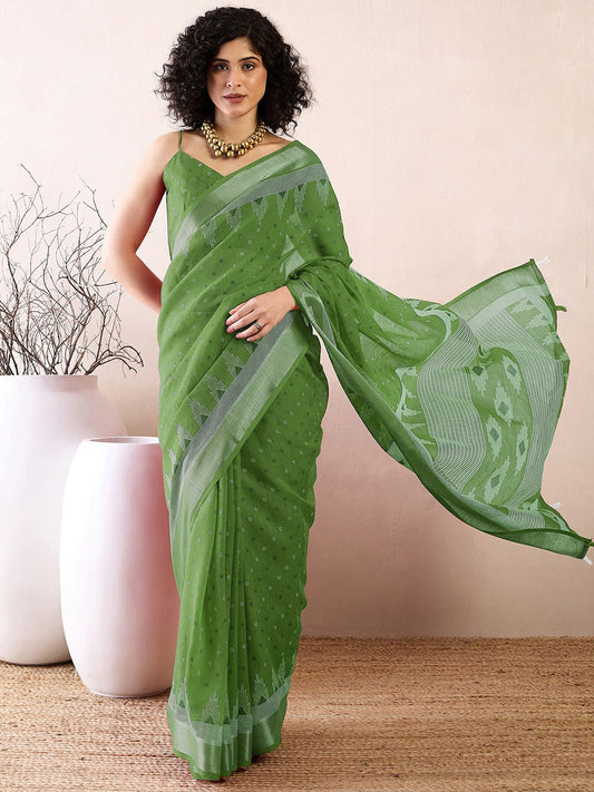Ready to Wear Forest Green Jamdani Cotton Saree - Ressa