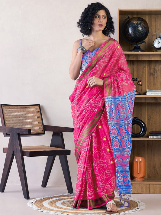 Ready to Wear Hot Pink Cotton Bandhani Saree - Ressa