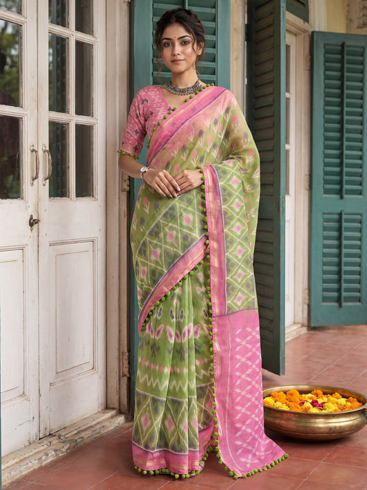 Ready to Wear Light Green Ikkat Printed Saree - Ressa