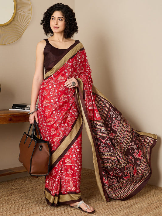 Ready to Wear Red Ikat Bhagalpuri Silk Saree - Ressa