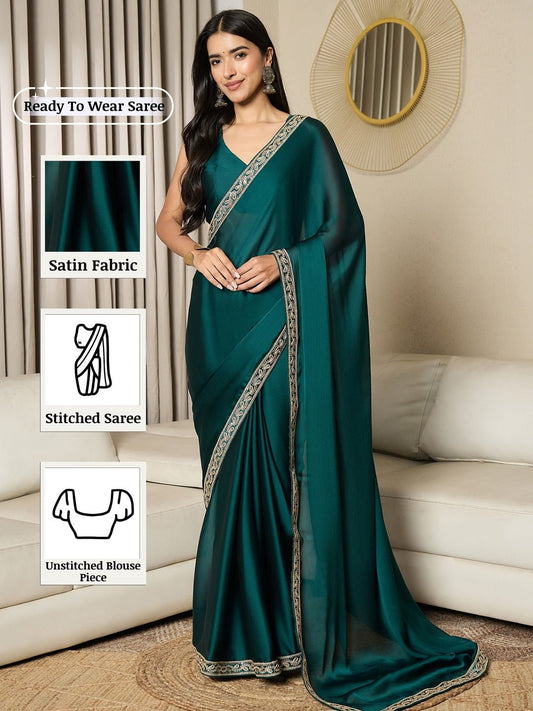 Ready To Wear Teal Green Satin Saree - Ressa