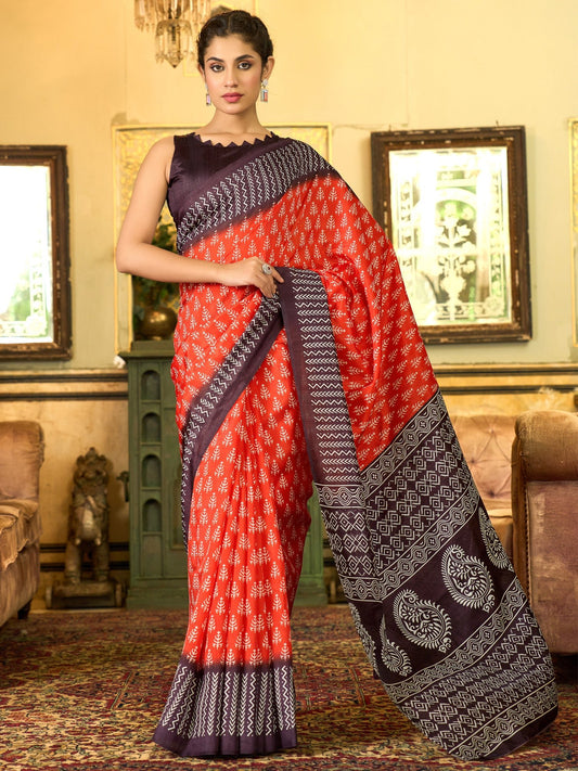 Red Bagh Block Print Silk Saree - Ressa