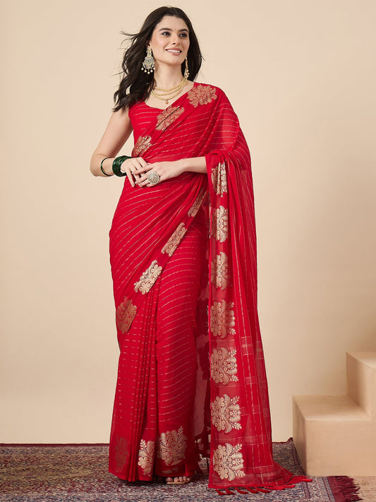 Red Banarasi Organza Saree with Zari Buti & Gold Tassel - Ressa