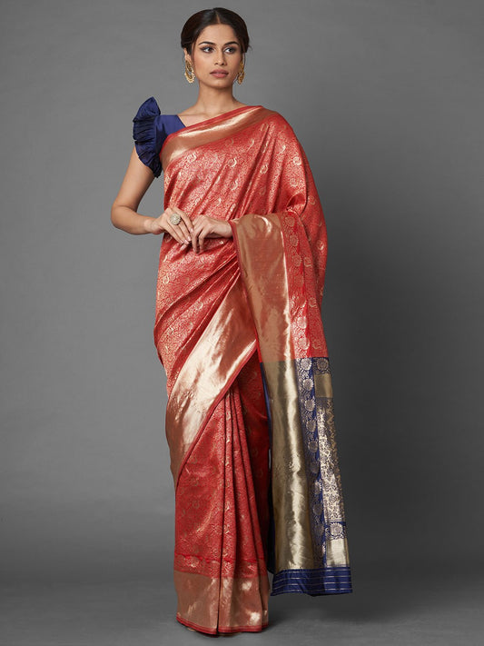 Red Banarasi Silk Saree with Gold Zari Weave - Ressa