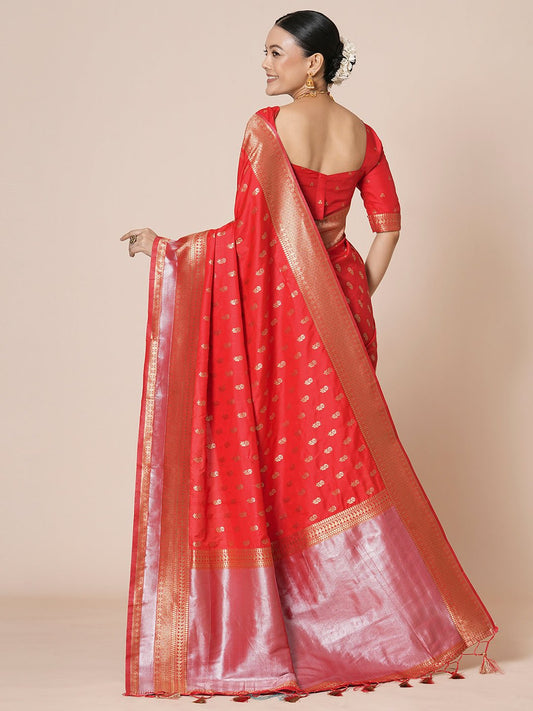 Red Banarasi Silk Saree with Zari Weave Saree - Ressa