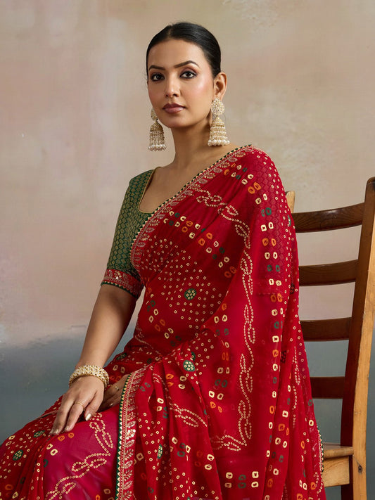 Red Bandhani Georgette Saree with Green Gold Border - Ressa