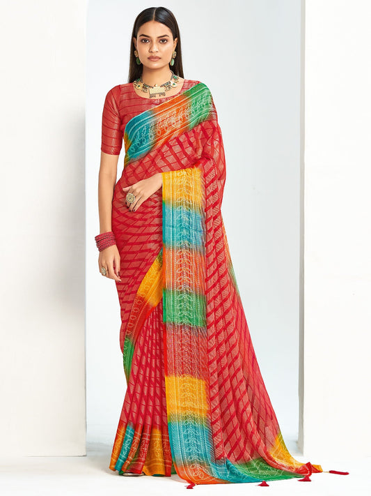 Red Bandhani Georgette Saree with Rainbow Border | - Ressa