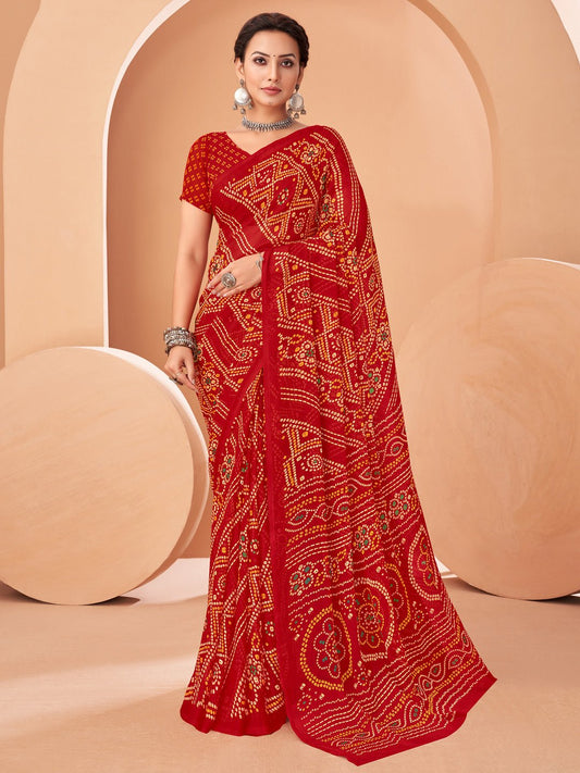 Red Bandhani Print Georgette Saree - Ressa