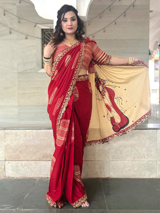 Red & Beige Cotton Silk Ethnic Print Kalamkari Inspired Pallu Embroidered Border Blouse Saree - Ressa