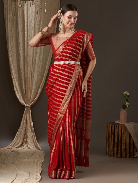Red Floral Georgette Saree with Jari Border - Ressa