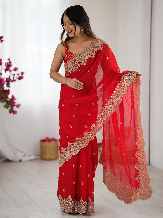 Red Georgette Embroidery Saree - Ressa