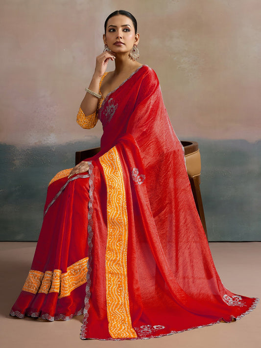 Red Pure Chiffon Bandhani Saree - Ressa