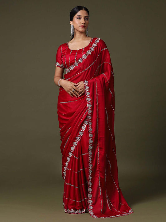 Red Satin Emblished Party Wear Saree - Ressa