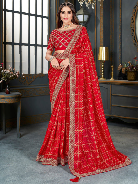 Red Silk Blend Golden Zari Grid Work Embroidered Border Designer Blouse Saree - Ressa