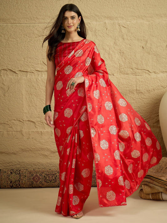 Red Silk Blend Traditional Woven Saree - Ressa