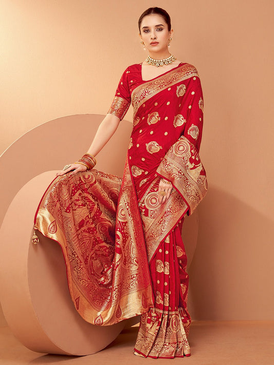 Red Silk Blend Zari Weaving Saree - Ressa
