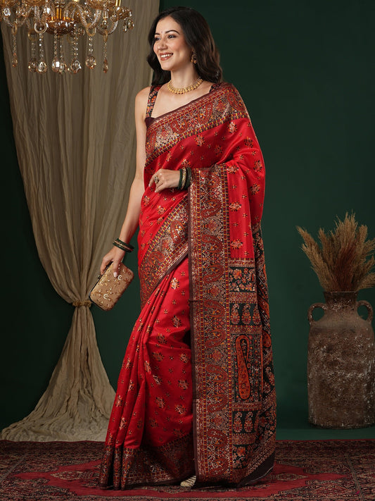 Red Silk Saree with Paisley Border - Ressa