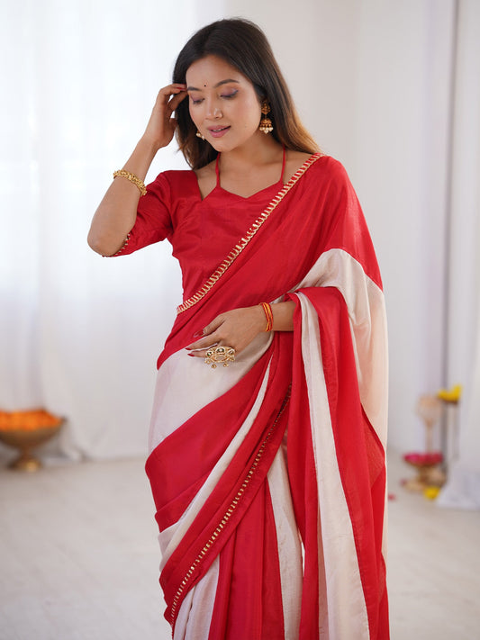 Red & White Striped Georgette Saree with Gold Lace Border - Ressa