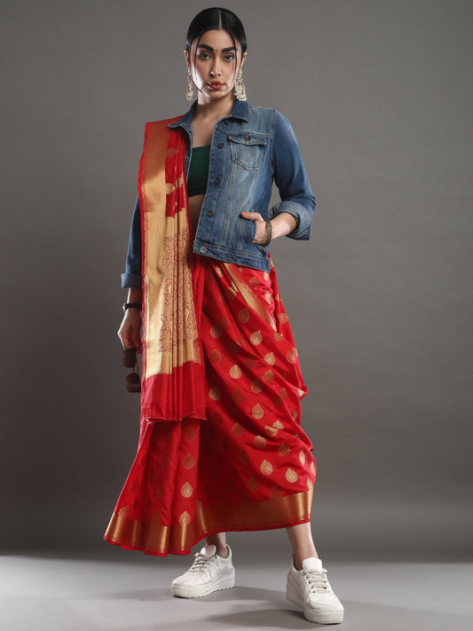 Red & Woven Banarasi Silk Saree - Ressa