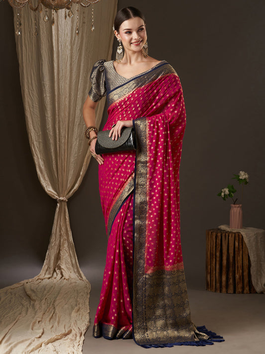 Rich Pink Floral Silk Saree with Jari Border - Ressa