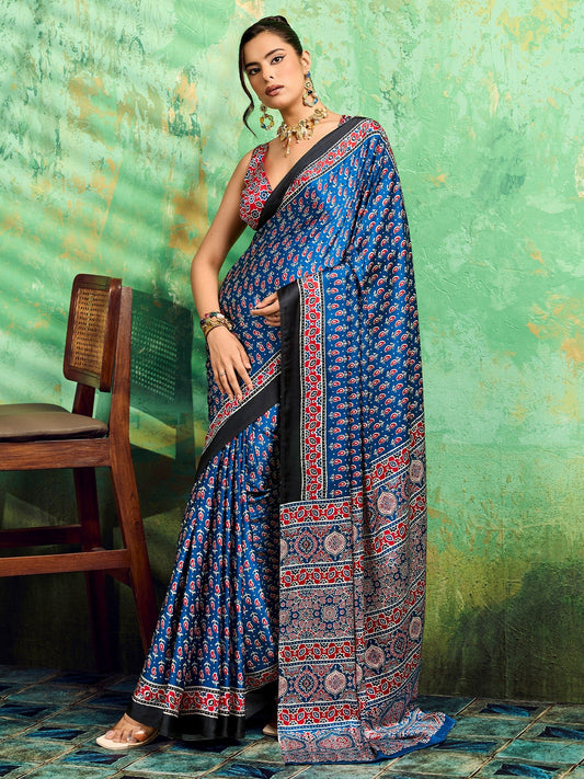 Royal Blue Ajrakh Block Print Satin Saree - Ressa