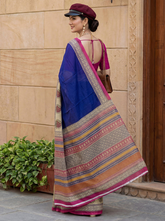 Royal Blue printed saree - Ressa