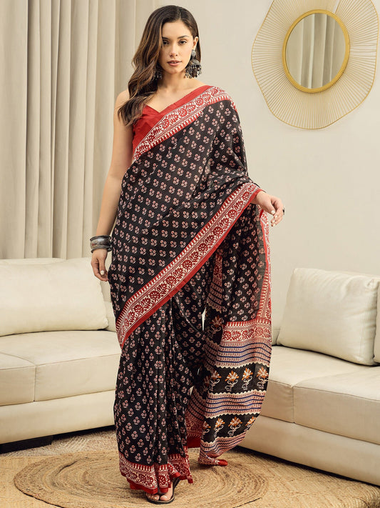 Black Bhagalpuri Silk Block Printed Saree - Ressa