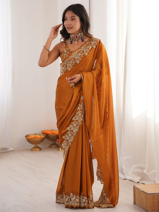 Rust Emblished Party Wear Saree - Ressa