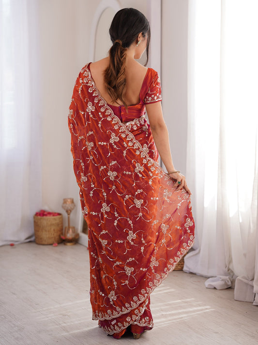 Rust Orange Embroidered Organza Saree with Cutwork Border - Ressa