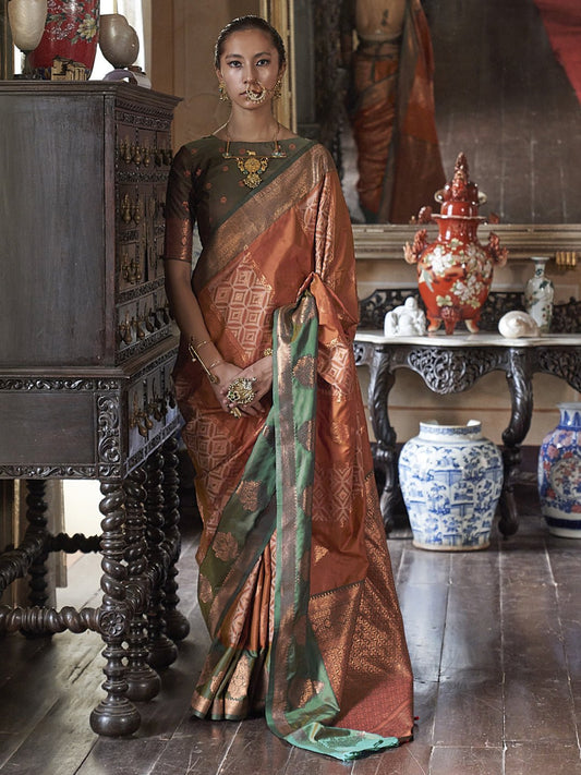 Rust Orange & Green Silk Blend Heritage Banarasi Style Saree - Ressa
