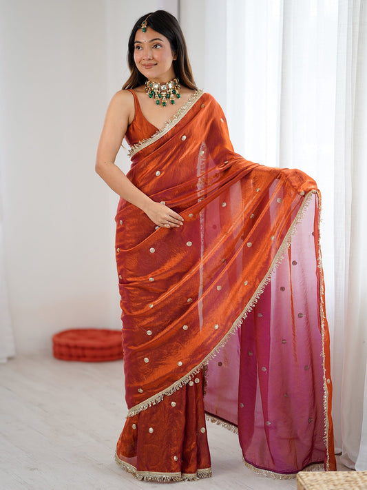 Rust Orange & Magenta Pink Organza Saree - Ressa