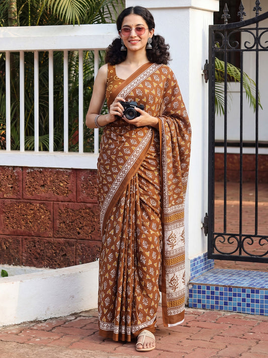 Rust Orange Printed Saree - Ressa