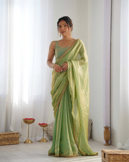 Sage Green Paper Silk Saree with Gold Embroidery - Ressa