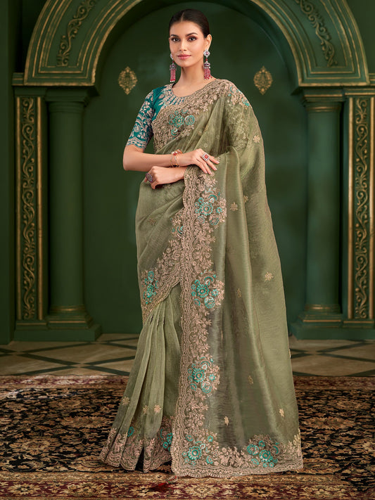 Sage Green Tissue Silk Saree with Scalloped Border - Ressa
