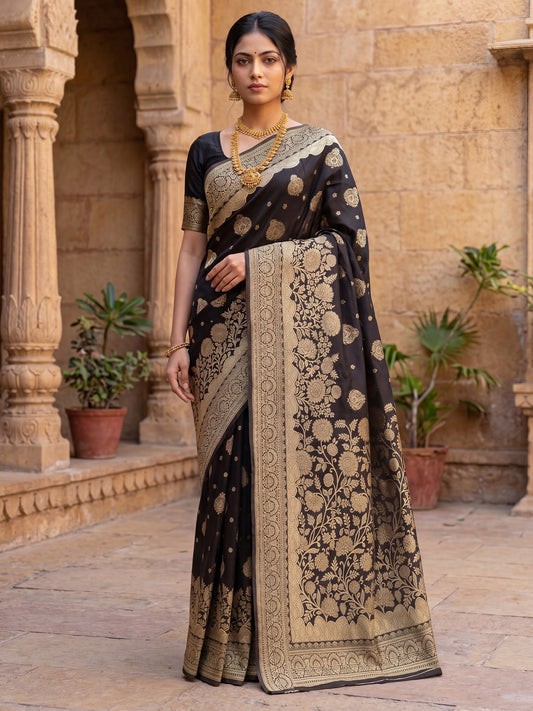 Saree Antique Dark Brown Floral Vine Banarasi Silk - Ressa