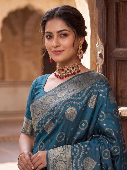 Saree Heritage Rama Teal Bandhani Grid Paisley Banarasi Silk - Ressa