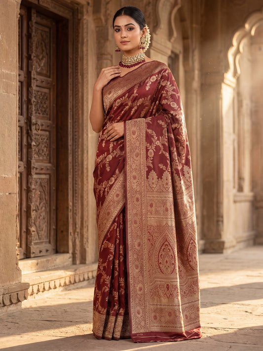 Saree Heritage Wine Red Floral Vine Banarasi Silk - Ressa